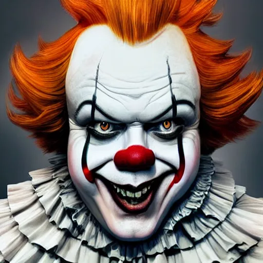 Image similar to hyperrealistic mixed media image of jack black disguised as pennywise the clown, stunning 3 d render inspired art by istvan sandorfi and greg rutkowski, perfect facial symmetry, realistic, highly detailed attributes and atmosphere, dim volumetric cinematic lighting, 8 k octane extremely hyper - detailed render, post - processing, masterpiece,