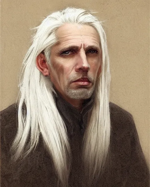 Prompt: portrait of 4 0 - year - old man with white hair with a pale complexion, pointed face and grey eyes, clear smooth face, no beard, wearing black clothes, haughty facial expression, hyper realistic face, beautiful eyes, close up, fantasy art, in the style of greg rutkowski, intricate, alphonse mucha, hyper detailed, smooth