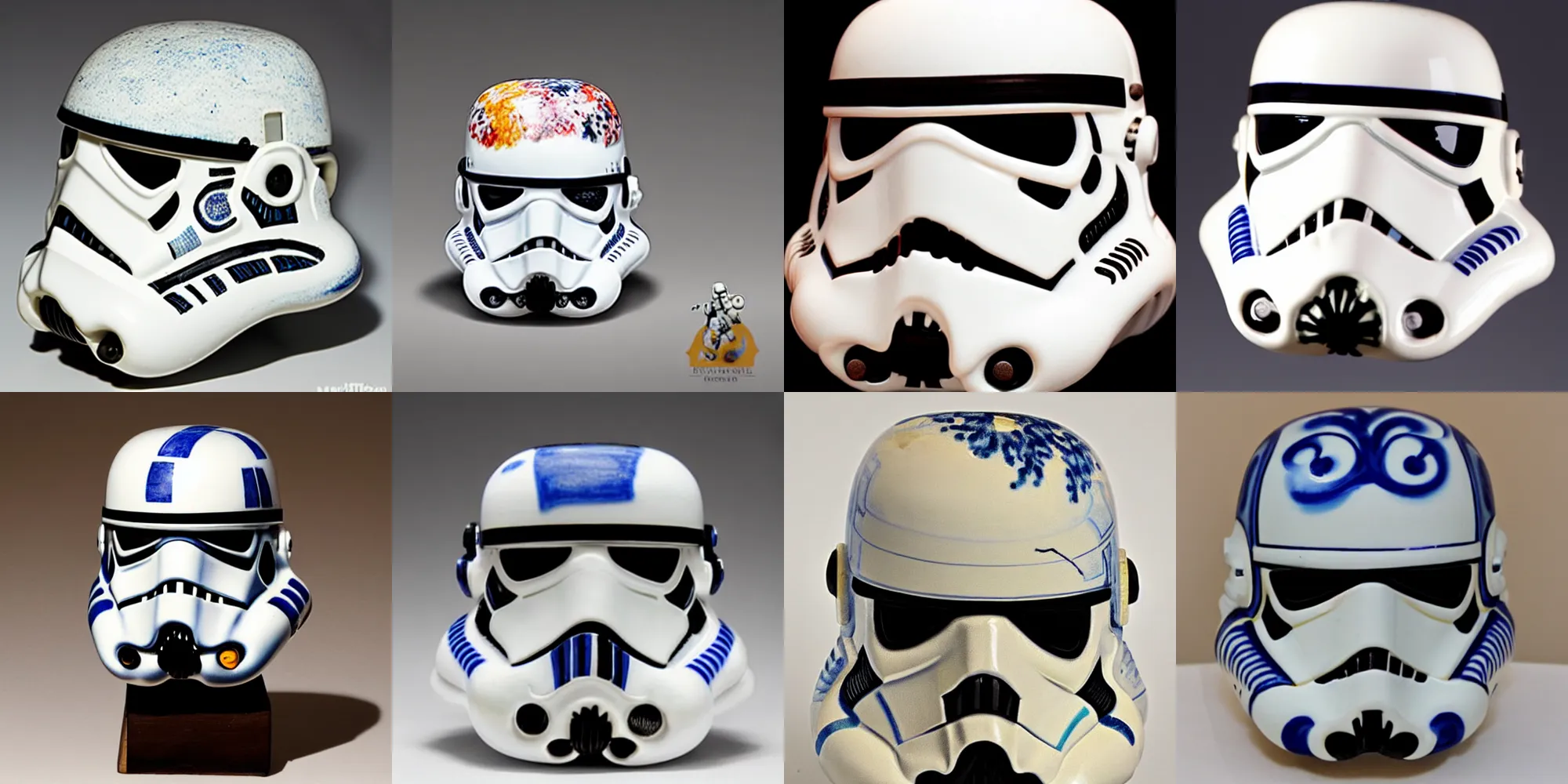 Prompt: a stormtrooper head with painted durch ceramics, art pottery, delftware
