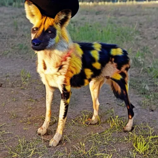 Image similar to A photo of the world's greatest sheriff: an african painted dog wearing a sombrero!