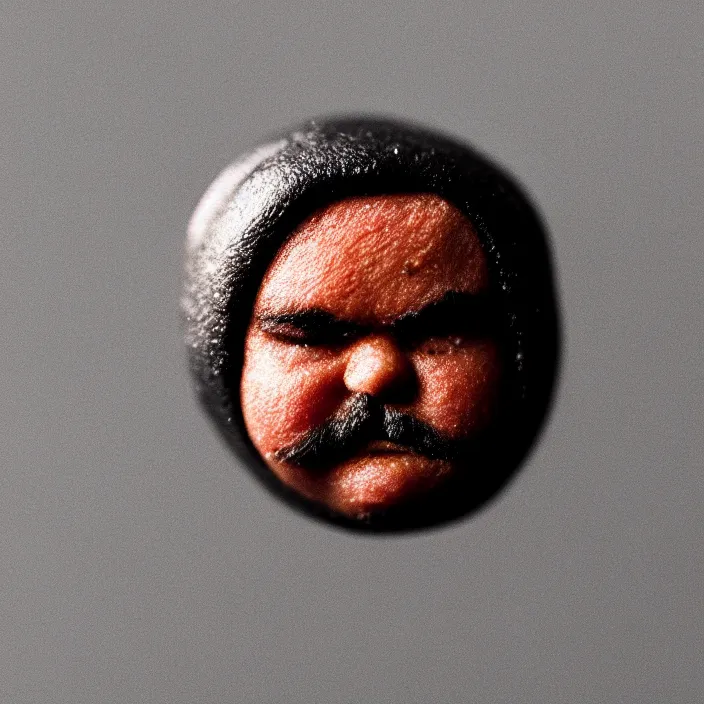 Prompt: a single black bean with the face of jack black on it, jack black's face, macro shot, tilt - shift photography, high detail
