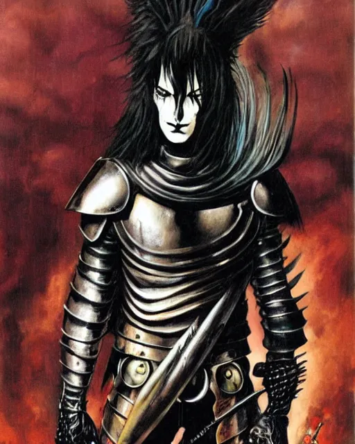 Image similar to portrait of a skinny goth punk keany reeves wearing armor by simon bisley, john blance, frank frazetta, fantasy, chrome thief warrior