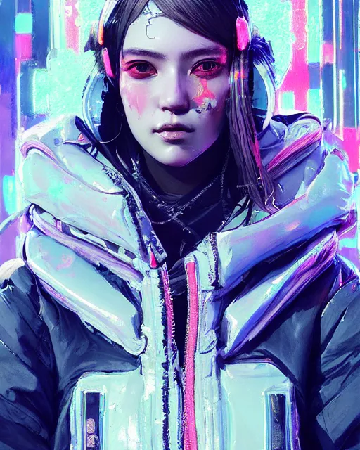 Image similar to detailed portrait Neon Operator Girl, cyberpunk futuristic neon, reflective puffy coat, decorated with traditional Japanese ornaments by Ismail inceoglu dragan bibin hans thoma greg rutkowski Alexandros Pyromallis Nekro Rene Maritte Illustrated, Perfect face, fine details, realistic shaded, fine-face, pretty face