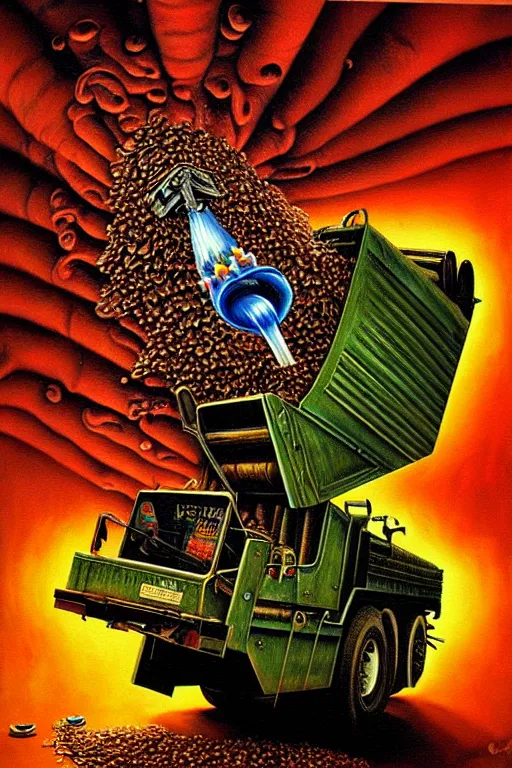 Prompt: a hyperrealistic painting of a death machine spewing chunks out of a wood chipper, cinematic horror by chris cunningham, lisa frank, richard corben, highly detailed, vivid color,