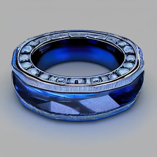 Prompt: A ring with a deep blue sapphire and hyper detailed engraving on the platinum band, mens jewellery, V-ray, 8k, Octane Render, Unreal engine, Studio lighting, Black backdrop