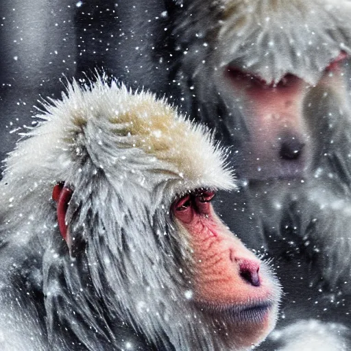 Prompt: portrait of snow monkeys, highly detailed, snow flurry, cold, steamy, desaturated, ultrarealistic, inquisitive, striking, contemplative, watercolor (dry brush)