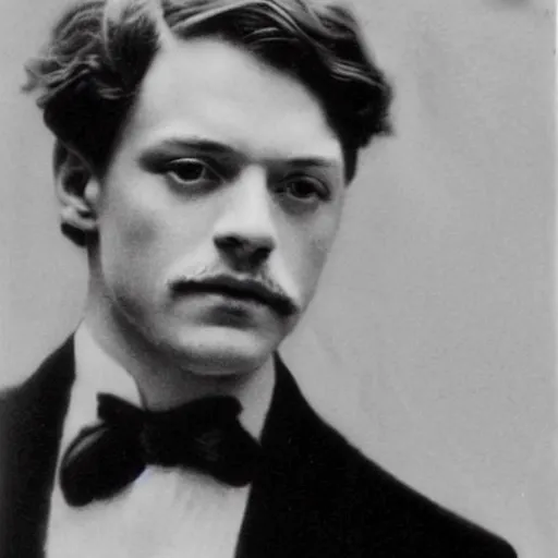 Image similar to headshot edwardian photograph of james mcavoy, sebastian stan, henry cavill, small moustache, 1 9 2 0 s film actor, suave, charming, realistic face, 1 9 1 0 s photography, 1 9 0 0 s, grainy, victorian, soft blur