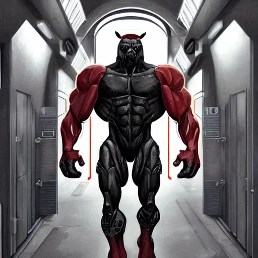 Image similar to a hulking musclebound male anthro horse wearing a tactical suit in a research facility, black suit with red highlights, exaggerated physique, highly detailed, anthro art, furaffinity, digital painting, artstation, sharp focus, smooth, concept art, illustration, art by artgerm, greg rutkowski, wlop