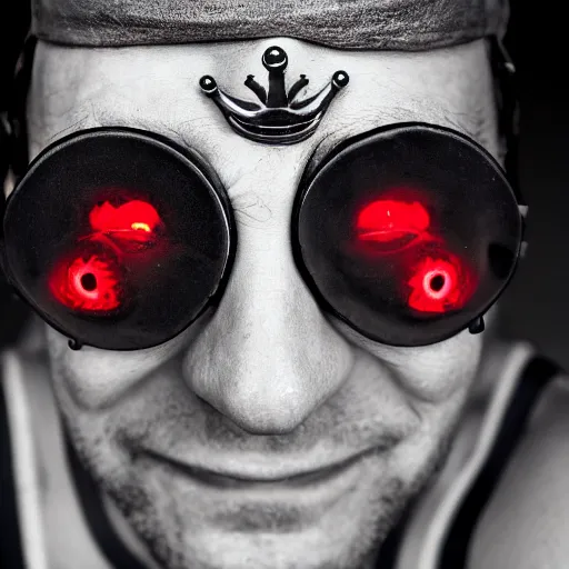 Image similar to man with a crown, smirk, photograph, black backgrounds, glowing red eyes