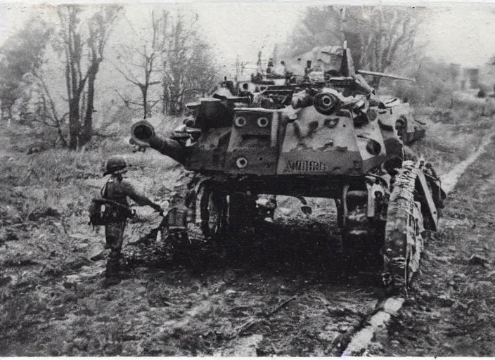 Prompt: found polaroid picture of a world war two crawling mech war machine and german soldiers