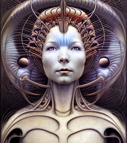 Image similar to detailed realistic beautiful young bjork alien robot as queen of mars face portrait by jean delville, gustave dore and marco mazzoni, art nouveau, symbolist, visionary, gothic, pre - raphaelite. horizontal symmetry by zdzisław beksinski, iris van herpen, raymond swanland and alphonse mucha. highly detailed, hyper - real, beautiful