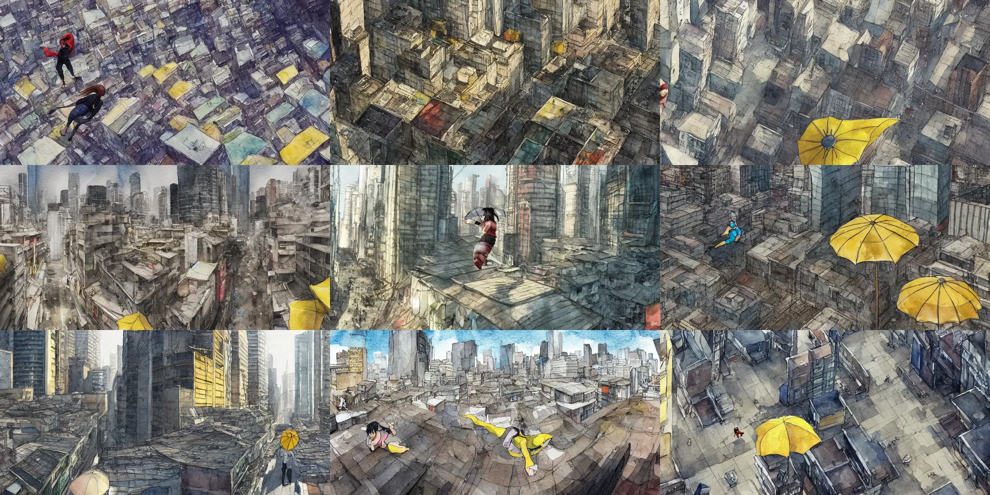 Prompt: incredible curvilinear screenshot, parkour, simple curvilinear watercolor, simple watercolor, paper texture, rooftop ghost in the shell movie scene, rooftop distant shot of hoody girl side view sitting under a yellow striped parasol in deserted dusty shinjuku junk town, streets below, fear of heights, vertigo, holding on to the edge,old pawn shop, bright sun bleached ground ,scary chameleon face muscle robot monster lurks in the background, ghost mask, teeth, animatronic, black smoke, pale beige sky, junk tv, texture, strange, impossible, fur, spines, mouth, pipe brain, shell, brown mud, dust, bored expression, overhead wires, telephone pole, dusty, dry, pencil marks, genius party,shinjuku, koji morimoto, katsuya terada, masamune shirow, tatsuyuki tanaka hd, 4k, remaster, dynamic camera angle, deep 3 point perspective, fish eye, dynamic scene