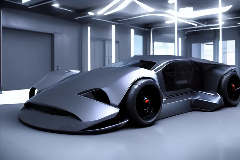 Image similar to cyberpunk evil concept inspired sports car, futuristic look, highly detailed body, very expensive, photorealistic camera shot, bright studio setting, studio lighting, crisp quality and light reflections, unreal engine 5 quality render