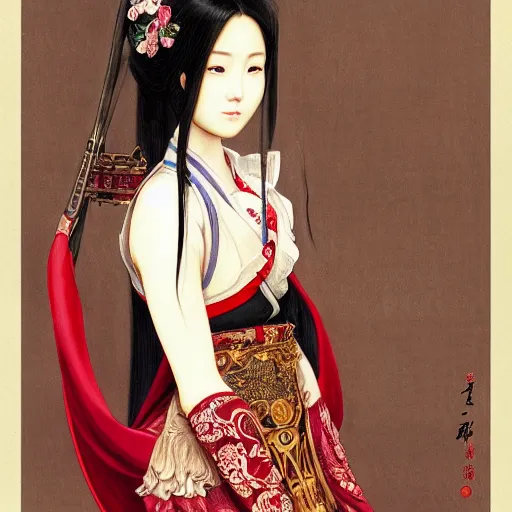 Image similar to a beautiful portrait of hatsune miku with long black and deep red colored hair dressed as a 1 st century chinese noblewoman, intricate, elegant, highly detailed, digital painting, artstation, concept art, matte, sharp focus, illustration, art by greg rutkowski and alphonse mucha