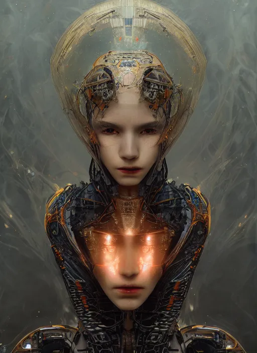 Prompt: portrait of a futuristic geisha cyborg, ex machina, goddess of hellfire, kintsugi, modern fine art, fractal, intricate, elegant, highly detailed, digital photography, subsurface scandering, by jheronimus bosch and greg rutkowski,