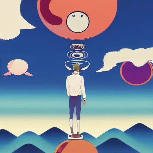 Image similar to a man walking on clouds away from the camera above kyoto by takashi murakami, beeple and james jean, aya takano color style, 4 k, super detailed, modern, 4 k, symmetrical