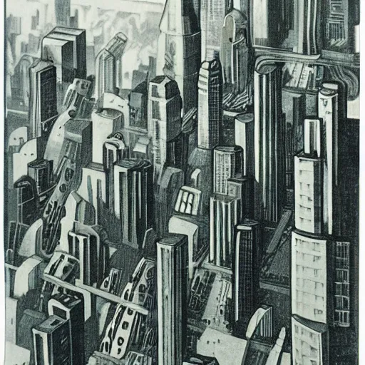 Image similar to futuristic cityscape by Maurice Sendak