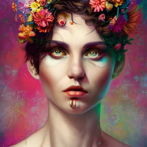 Image similar to Lofi magicpunk portrait beautiful woman with short brown curly hair, roman face, phoenix, rainbow, floral, Tristan Eaton, Stanley Artgerm, Tom Bagshaw