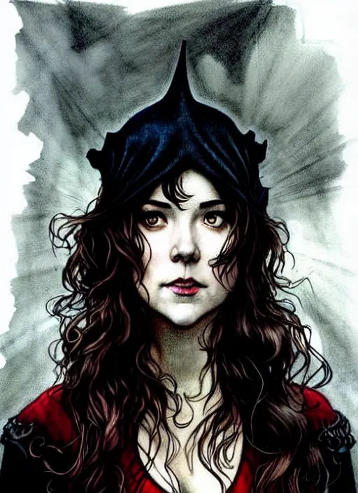 Image similar to style of arthur rackham, artgerm, rafael albuquerque, steve niles : : gorgeous mary elizabeth winstead : : evil sorceress, swirling black magic, black dress : : symmetrical face, symmetrical eyes : : full body pose : : gorgeous red hair : : cinematic lighting : :