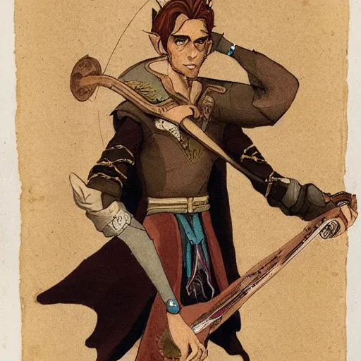 Prompt: lanky half elf bard with sandy brown hair, pale skin, an elegant rapier on his hip, a lute slung over his shoulder