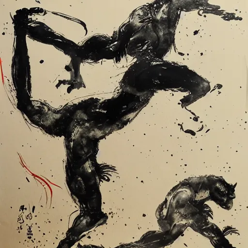 Image similar to emotional movement of muscle panthers, ink painting, in style of thawan duchanee, high quality,