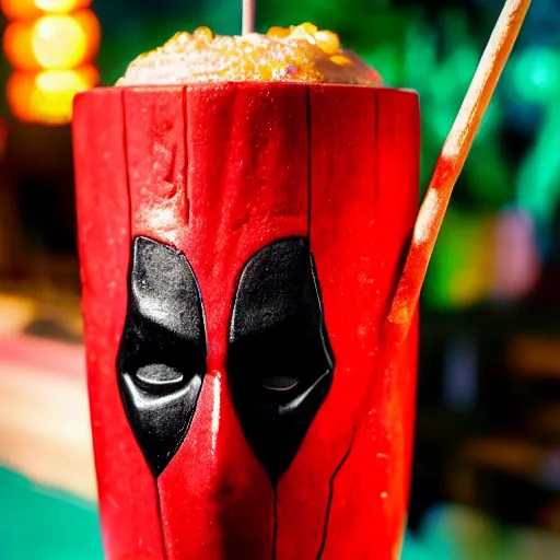 Image similar to a closeup photorealistic photograph of a deadpool style tiki mug sitting at a trader vic's beach bar featuring the face of deadpool. tiki party. bright scene. fine detail. this 4 k hd image is trending on artstation, featured on behance, well - rendered, extra crisp, features intricate detail, epic composition and the style of unreal engine.