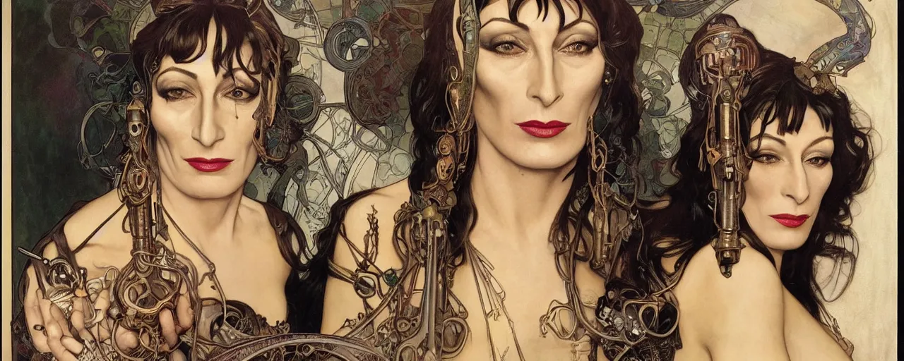 Image similar to stunning exotic art nouveau portrait of anjelica huston as an industrial dieselpunk queen of the night by glenn fabry, simon bisley and alphonse mucha, photorealism, extremely hyperdetailed, perfect symmetrical facial features, perfect anatomy, ornate declotage, spikes, latex, confident expression, wry smile, sinister eyes