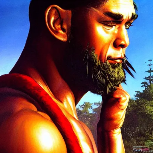 Image similar to ultra realistic portrait painting of forest gump as ryu from street fighter, art by frank frazetta, 4 k, ultra realistic, highly detailed, epic lighting