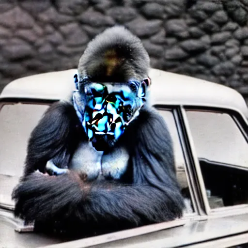 Image similar to A gorilla leans on the hood of a car dressed like a mechanic and holding a wrench, 70s photograph, newspaper photo