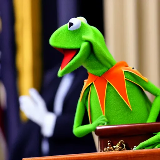 Image similar to Kermit the Frog being sworn in as President of the United States