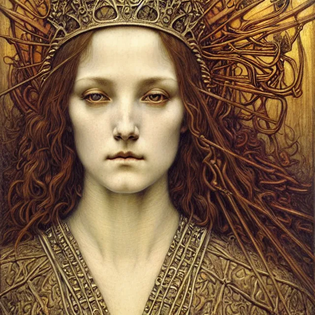 Image similar to detailed realistic beautiful young medieval queen face portrait by jean delville, gustave dore and marco mazzoni, art nouveau, symbolist, visionary, gothic, pre - raphaelite. horizontal symmetry