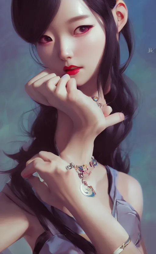 Image similar to a pin up and beautiful fashion charming dreamlke korea girl with lv jewelry, character art, art by artgerm lau and kyoung hwan kim and and ilya kuvshinov and john singer sargent, hyperdetailed, 8 k realistic, symmetrical, frostbite 3 engine, cryengine, dof, trending on artstation, digital art