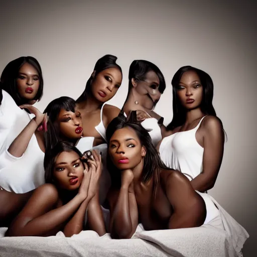 Prompt: intricate portrait of a group of black models posing at a photoshoot, while posing in the same bed , they are all laying down, 3d, in the style of pixar, smooth, 3d, highly detailed, highly detailed, sharp focus, bokeh, depth of field, 16k resolution, Unreal Engine 5, coherent, cinematic lighting, photorealistic