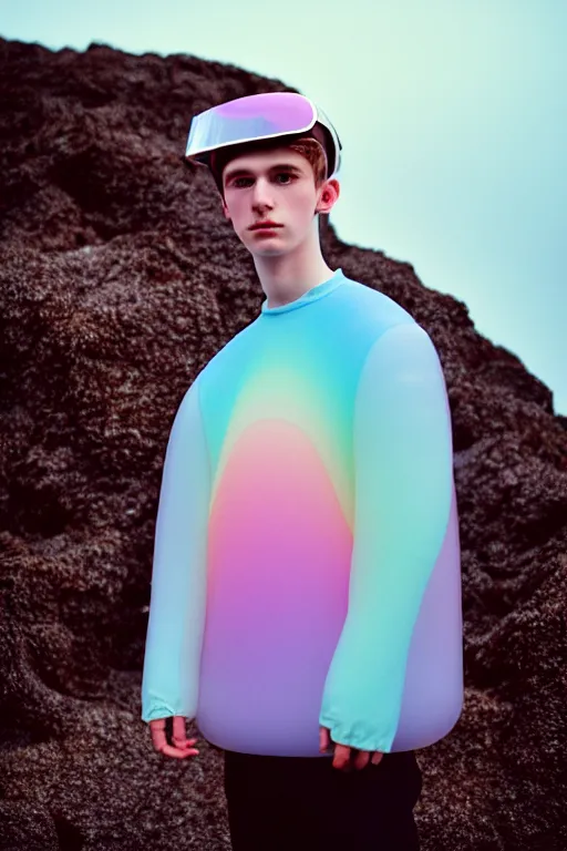 Image similar to high quality pastel coloured film mid angle portrait photograph of a beautiful young 2 0 year old male, soft features, short hair, perspex space visor and oversized inflated clothing!!!! icelandic black! rock pool environment. atmospheric three point light. photographic. art directed. ( pastel colours ). volumetric. clearcoat. waves. 8 k. filmic.