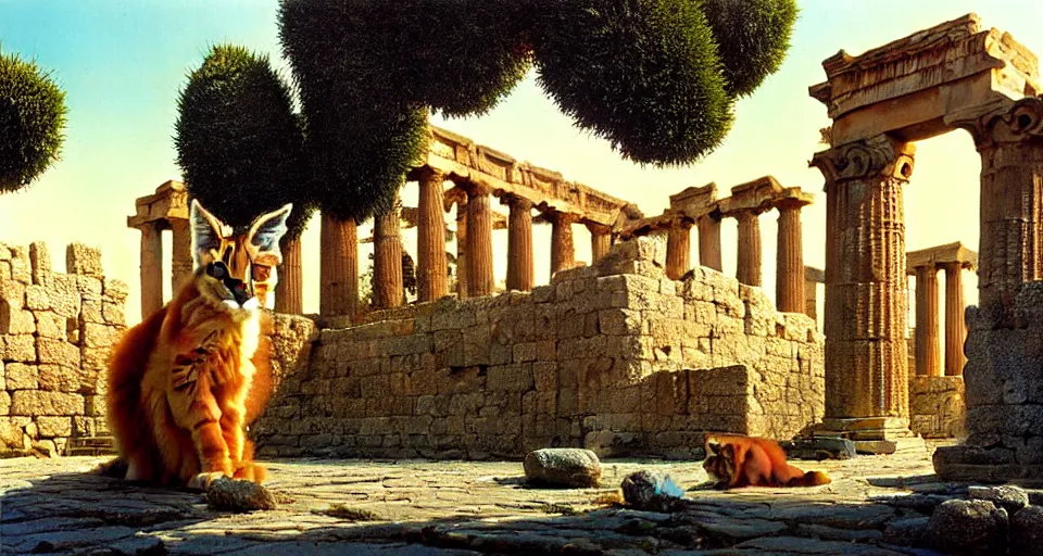 Image similar to pixar cute fluffy caracal in laurel wreath in a ancient greek town, marble temple, olive trees, sunny chris foss, john harris,, wayne barlowe