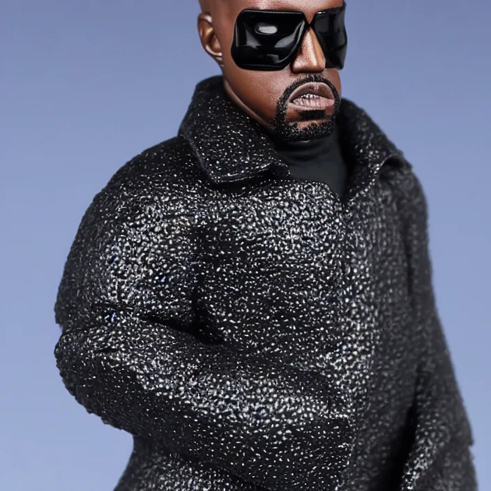Prompt: kanye west using a face covering black mask with small little holes, a black shirt, a yeezy gap blue round jacket and big black rubber boots, a hot toys figure of kanye west using a black mask with small little holes, a black shirt, a yeezy gap blue round jacket and big black rubber boots and big black rubber boots, figurine, detailed product photo