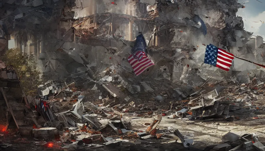 Image similar to destroyed washingon dc, man planting the torn dirty american flag on the ruins of a building, debris, hyperdetailed, artstation, cgsociety, 8 k