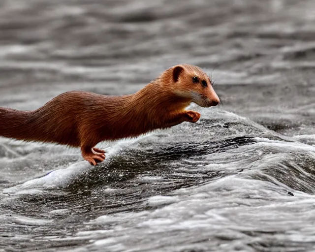 Prompt: 4 k hd, high resolution photograph of weasel surfing, shot with sigma f / 4. 2, 2 5 0 mm sharp lens, wide shot, high level texture render