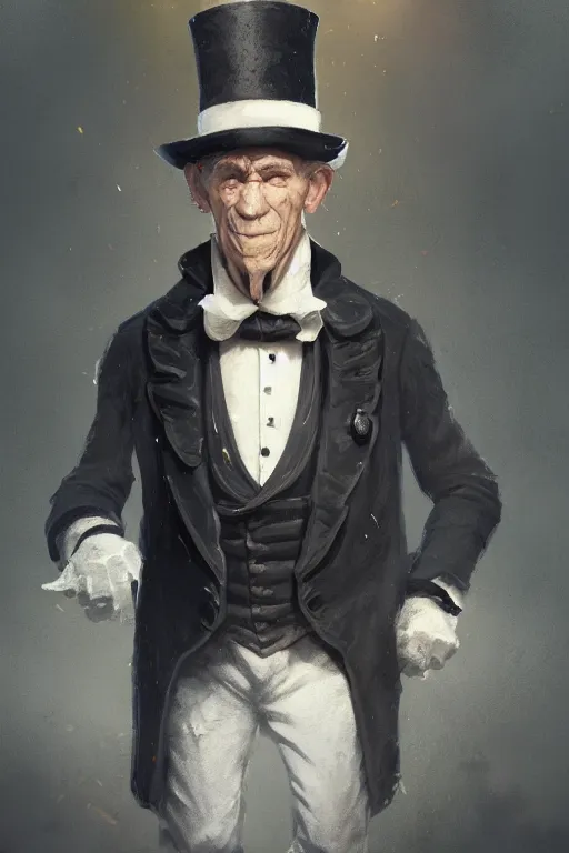 Prompt: A white hair old halfling without a beard wearing a top hat and suit by Greg Rutkowski, Sung Choi, Mitchell Mohrhauser, Maciej Kuciara, Johnson Ting, Maxim Verehin, Peter Konig, 8k photorealistic, cinematic lighting, HD, high details, dramatic, trending on artstation