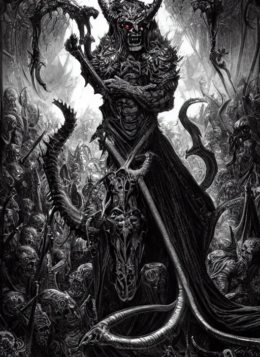 Prompt: the demon nebiros is supposedly the most valiant marquess of hell, and has nineteen legions of demons under his command, digital illustration in a mixed style of serhiy krykun and ken taylor, inspired by gustave dore, intricate, hyper detailed, stunning inking lines, 4 k, hd, award winning, photorealistic