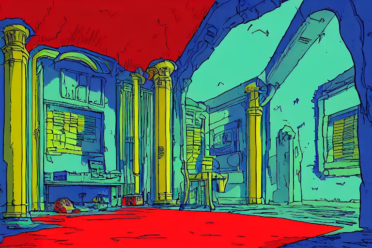 Prompt: loud POINT PERSPECTIVE DUNGEON accuser ROOM, painted by Edward Gorey and Moebius and Greg Rutkowski and Paul Wenzel and George Barr and Stephen Youll,trending on artstation, iridescent cool blue and cyan and red and blue and yellow and green lighting front view futuresynth , outrun , vibrant colors, Sabattier filter , Watercolor