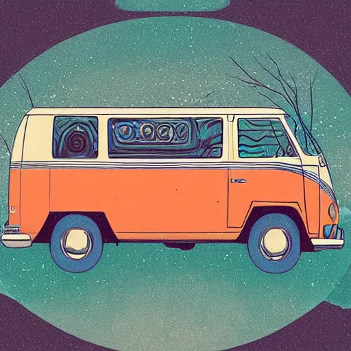 Image similar to illustration of an old van volkswagen, may 6 8, pastel colors, cool, hippie by victo ngai