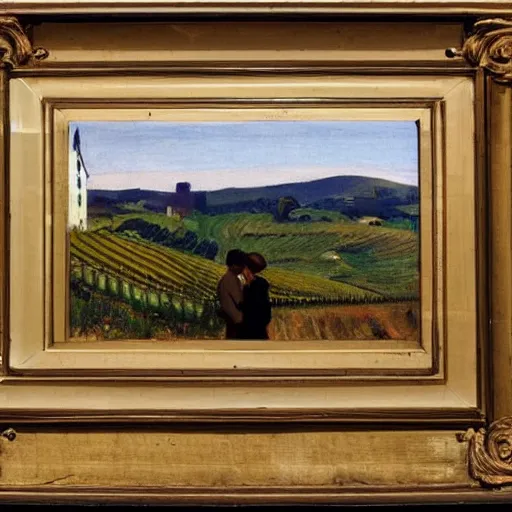Prompt: a couple kissing, behind them is a window that shows a hilly landscape with vineyards, hopper