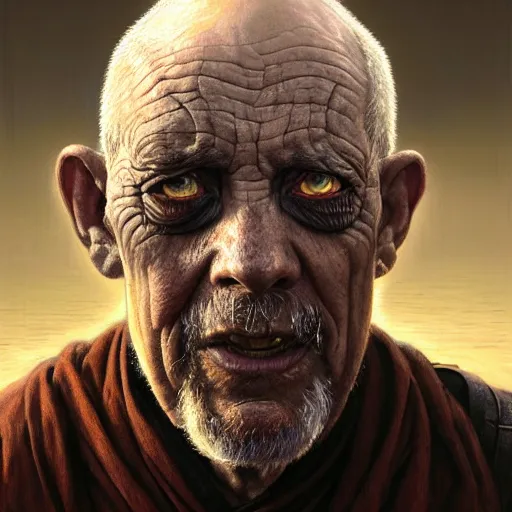 Image similar to portrait painting of a post - apocalyptic older american eyeless man wearing monk garbs with a scrap pauldron, ultra realistic, concept art, intricate details, eerie, highly detailed, photorealistic, octane render, 8 k, unreal engine. art by artgerm and greg rutkowski and charlie bowater and magali villeneuve and alphonse mucha