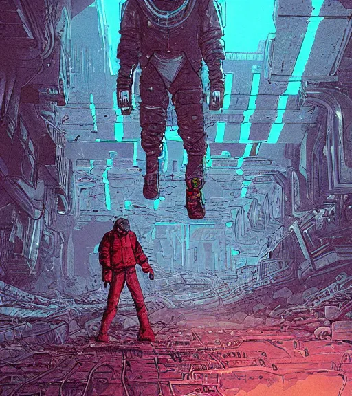 Image similar to a cyberpunk mole man explores alien ruins, techwear, Industrial Scifi, detailed illustration, character portrait, by Martin Grip and Moebius