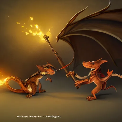 Image similar to cartoon mice fighting a dragon, 8K, octane render, unreal engine, dramatic lighting, cinematic, establishing shot, extremely high detail, foto realistic, cinematic lighting, post processed, concept art, high details, cinematic, 8k resolution, beautiful detailed, photorealistic, digital painting, artstation, concept art, smooth, sharp focus, artstation trending, octane render, unreal engine