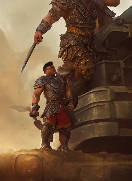 Image similar to portrait of a filipino gladiator sitting on a tank, d & d, heartstone, digital painting, volumetric light, intricate, sharp, focus, bloom, illustration, highly detailed, concept art, matte, ruan jia, randy vargas, greg rutkowski