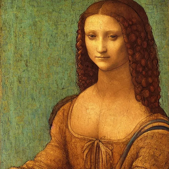 Image similar to a portrait of a woman painted by leonardo da vinci. the woman in the painting is shown seated with her hands folded in her lap. she is wearing a simple dress with a pattern of flowers. her hair is pulled back from her face and she has a small, faint smile. the background of the painting is a landscape of rolling hills and mountains.