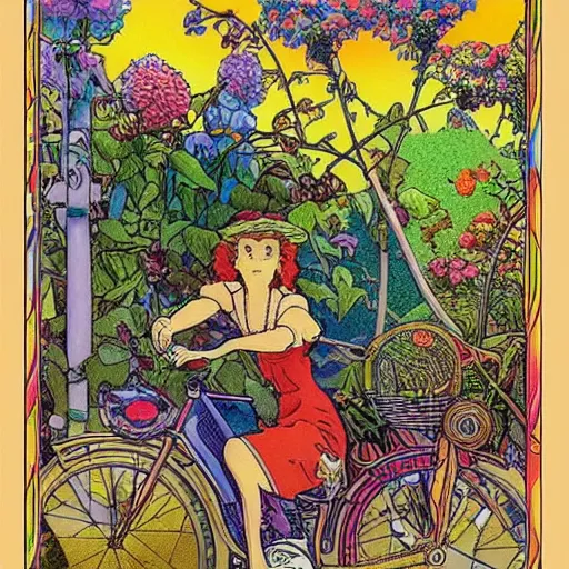 Image similar to hoffman bicycle trip, blotter art, in the style of robert crumb and lisa frank, studio ghibli, mucha, art nuevo, art deco, beautiful nature, serenity, cartoon