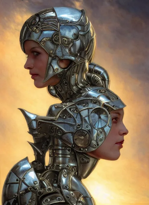 Image similar to symmetry! portrait of a beautiful biblical diabolical agile girl, in reflective porcelain cyborg armor, in clouds, cinematic studio light! windy, sunrise, by gerald brom, by mikhail vrubel, by peter elson, high contrast, muted colors, extreme detail, trending on artstation, 8 k